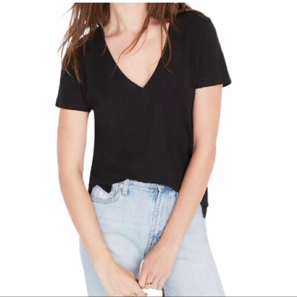 Madewell Cotton V-Neck Pocket Tee in Black size M